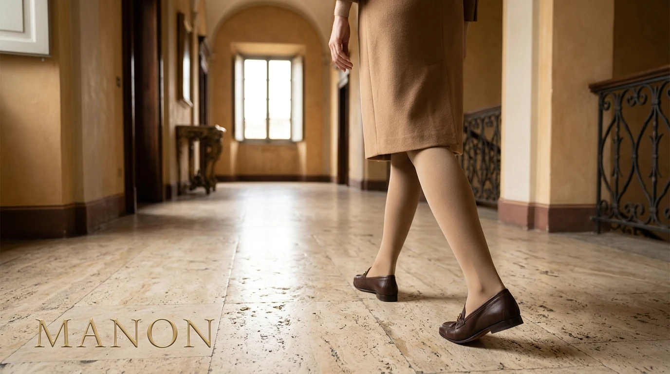 Donna in collant MANON 70 denari mentre cammina su pavimento in travertino