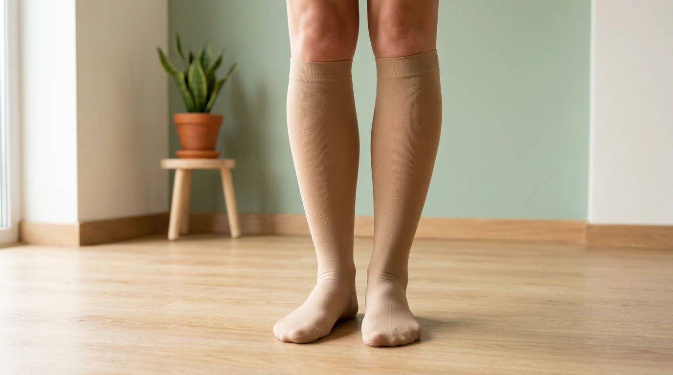 Gambe con calze a compressione graduata nude su fondo cream