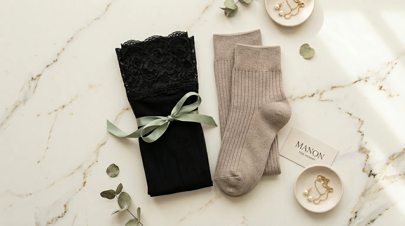 Calze autoreggenti e gambaletti MANON piegati su marmo cream