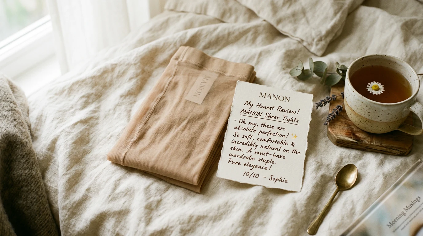 Flat lay calze MANON con biglietto e tazza di tè su lino cream