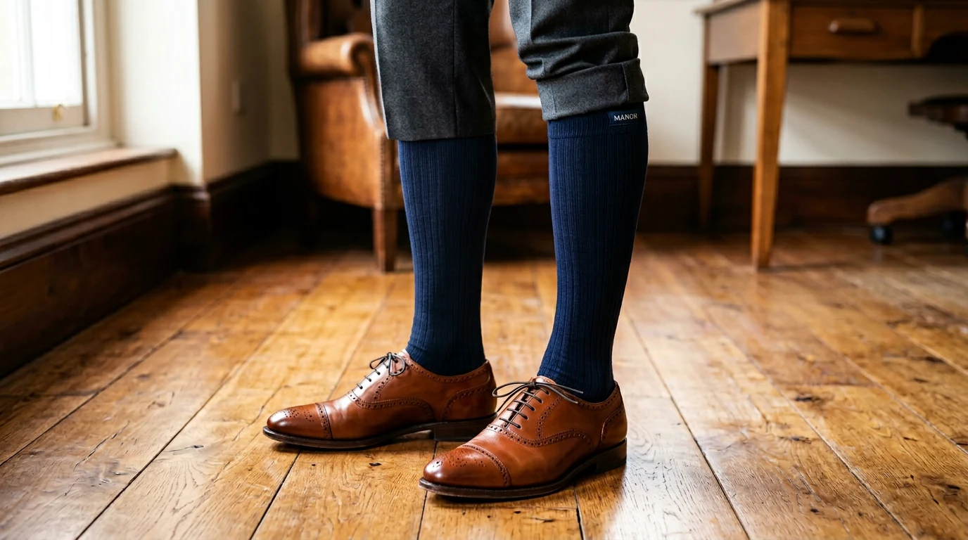 Uomo seduto con gambaletti MANON a compressione e scarpe oxford in pelle